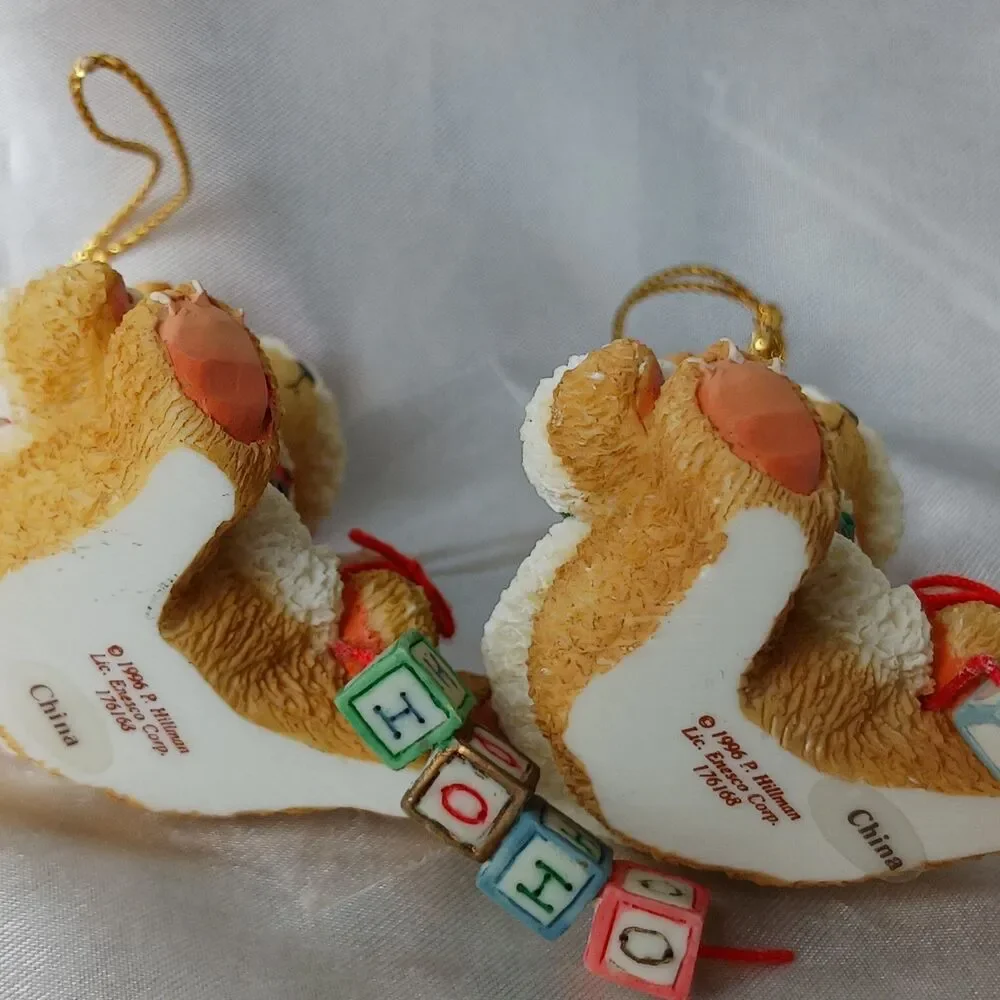 VINTAGE ENESCO CHERISHED TEDDIES BEAR ORNAMENT-SANTA WITH HO HO, JOY BLOCKS